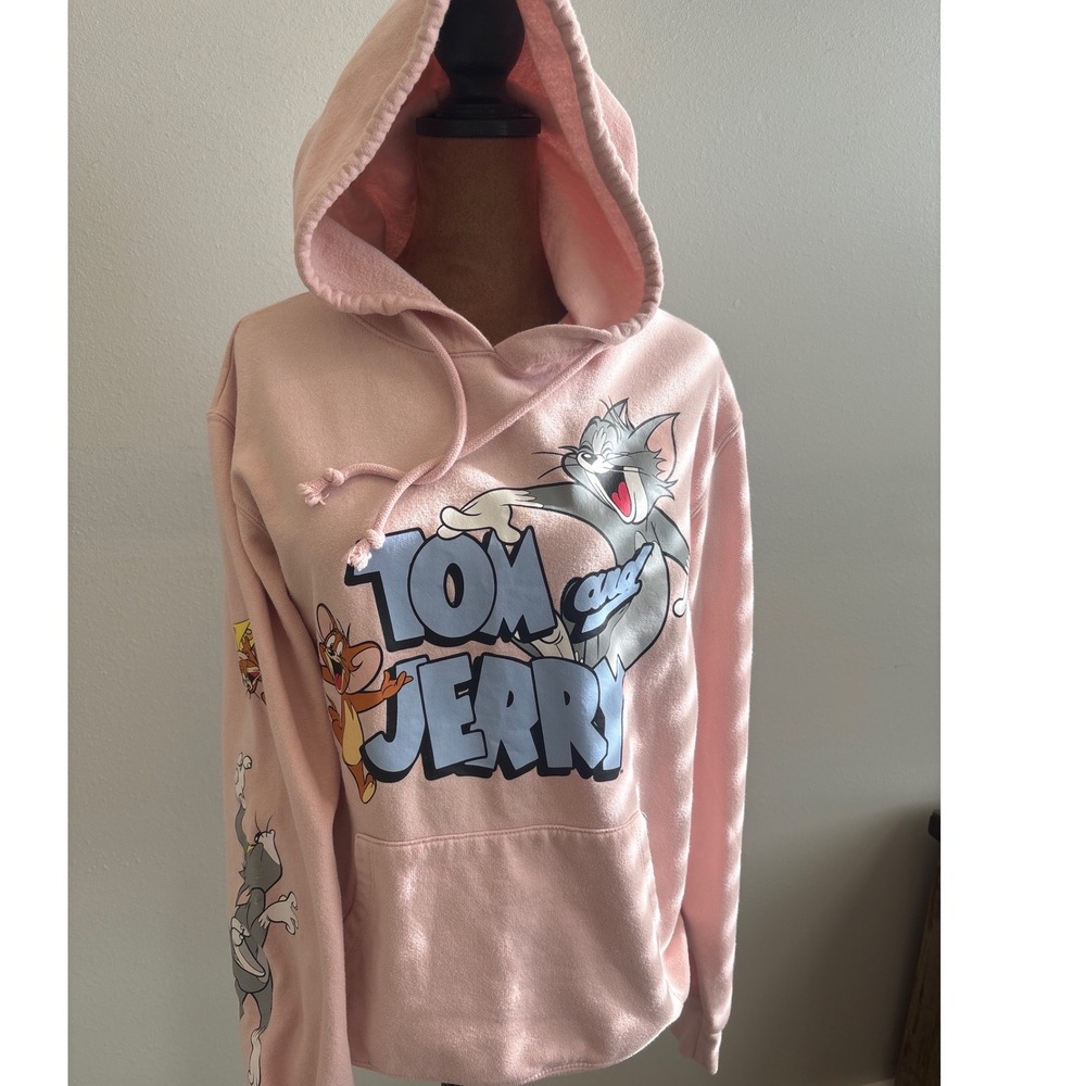 Vintage Tom and Jerry Pink Graphic Hoodie Sweatshirt‎ Women's M Cartoon